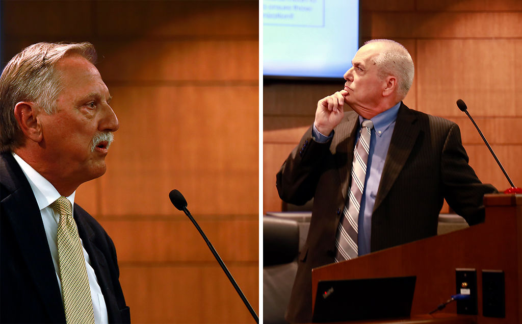 Jim Palenick and John Glascock answer questions at a city manager candidate forum